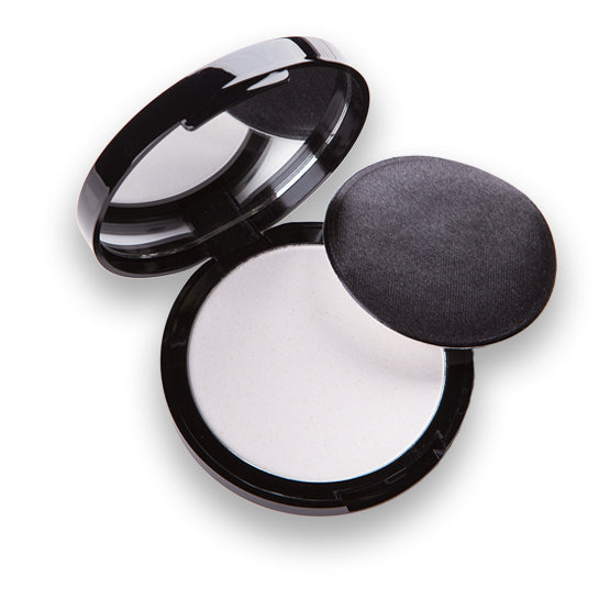 Image of a round black mirrored compact containing a sheer translucent oil blotting powder.  Also comes with a round powder sponge applicator.