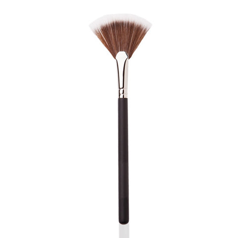 Image of a fan brown and white tipped make-up brush with black and silver handle. 