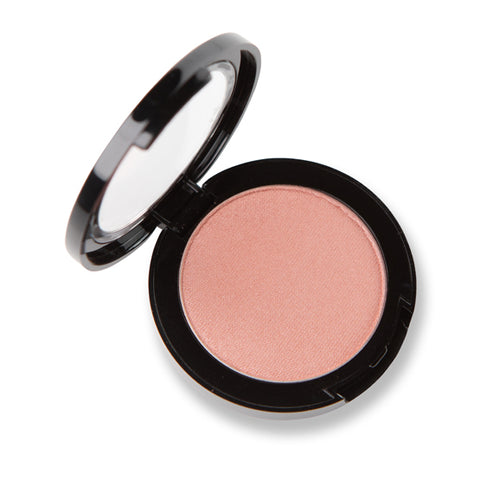 Image of a small black compact containing a mineral coral colored blush with a soft shimmer.