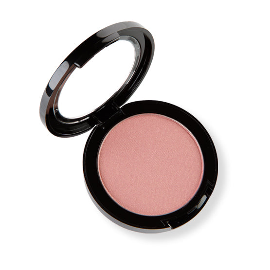Image of a small black compact containing a mineral rosy coral colored blush with a slight shimmer.