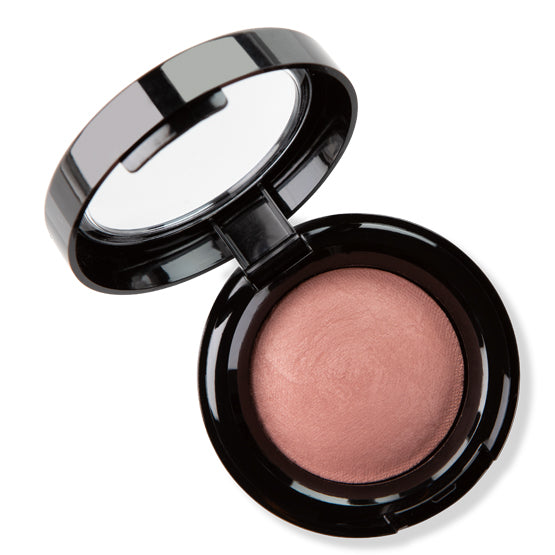 Image of rosy brown baked blush in black compact.