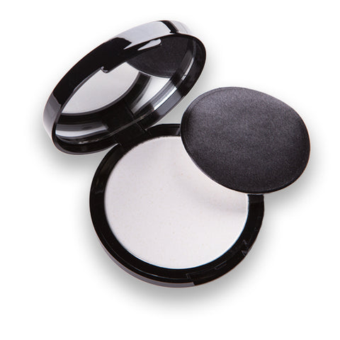 Image of a round black mirrored compact containing a sheer translucent oil blotting powder.  Also comes with a round powder sponge applicator. 
