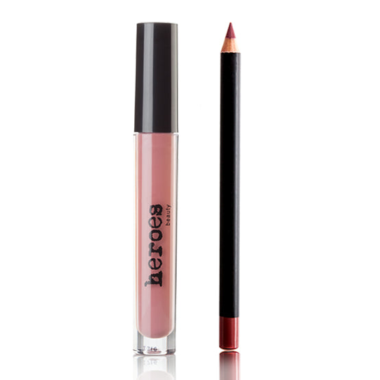 Image of a bundle of two products for our Lip Kit Combo.  The first image is a rosy nude color vegan matte lippie in a clear tube with a black top.  The other product is a nude rose colored lip pencil. 