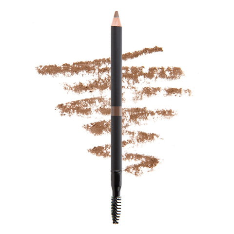 Image of a dark taupe brown eye brow pencil with as spoolie on one end for combing brows. 