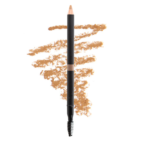 Image of a soft light taupe brown brow pencil with a spoolie brush on one end. 