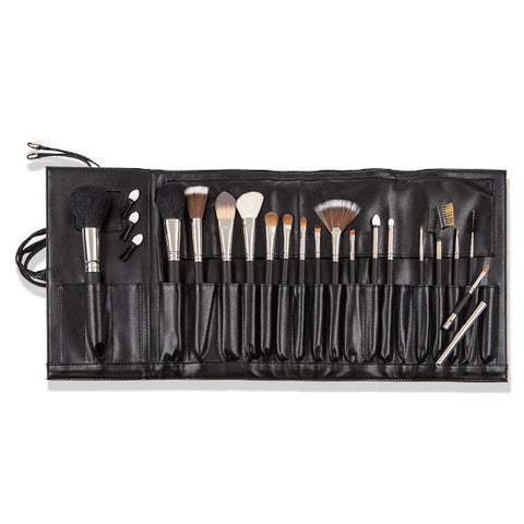 17 Piece Make-up Brush Set with black faux leather roll. Brushes have a black and silver handle. 