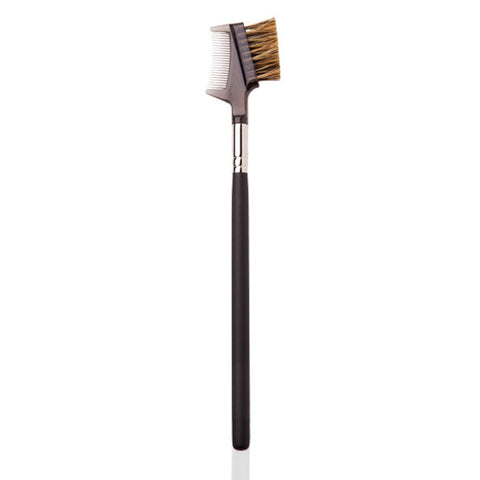 Image of a make-up brush used for eye lashes and brows.  A black and silver handle with a comb on one side and a brush on the other. 
