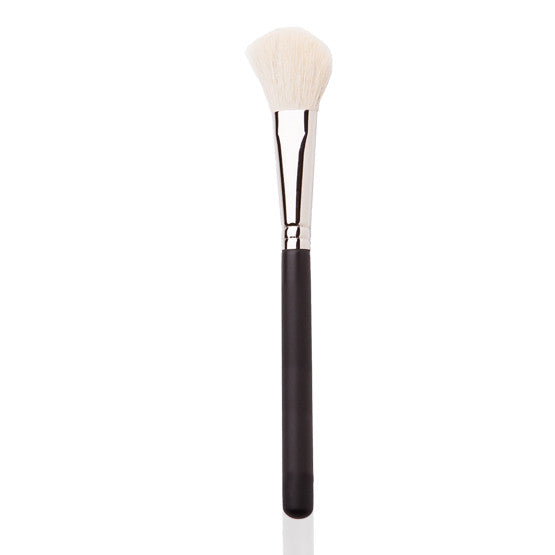 Image of a angled blush brush with black and silver handle. 