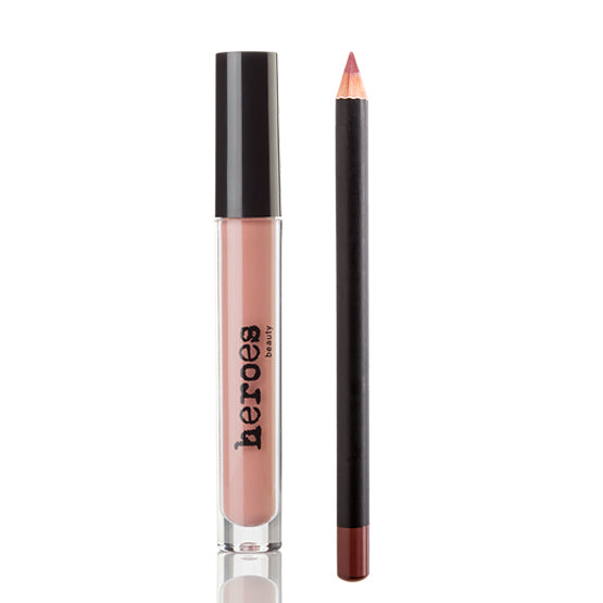Image of two products for our Lip Kit Combo.  One is a light coral nude vegan matte lippie in a clear tube with a black top.  The other product is a rose nude lip pencil that compliments the matte lippie. 