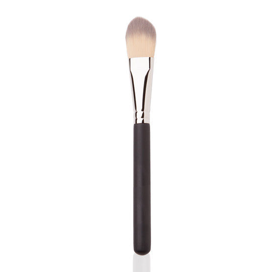 Image is of a medium flat make-up brush used for applying foundation with a black and silver handle. 