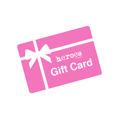 Image of a bright pink rectangular card with white letters that say Heroes Gift Card and a white bow. 