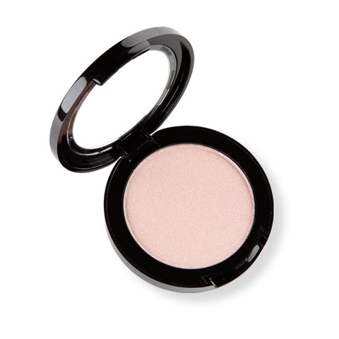 Image of a small black compact of shimmery light pinky gold mineral eye shadow. 