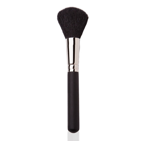 Image of a large fluffy powder make-up brush with black and silver handle. 