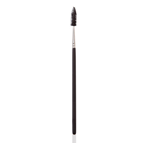 Image of a make-up brush with spoolie end and black and silver handle.  Used for separating lashes and brushing brows. 