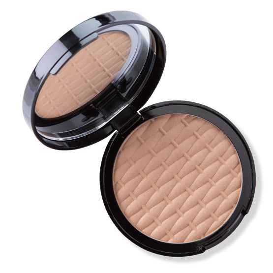 Image of a black circular compact with mirror containing a pressed basket weave patterned brown bronzer powder.  No shimmer. 