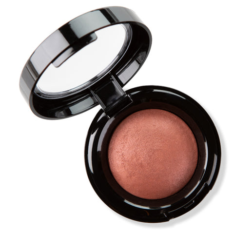 Image of a rosy gold baked blush with black compact.