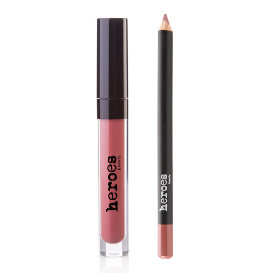 Image of a liquid matte lipstick in a clear tube and a warm peachy brown lip pencil.  The matte lipstick is a coral peach neutral color. 